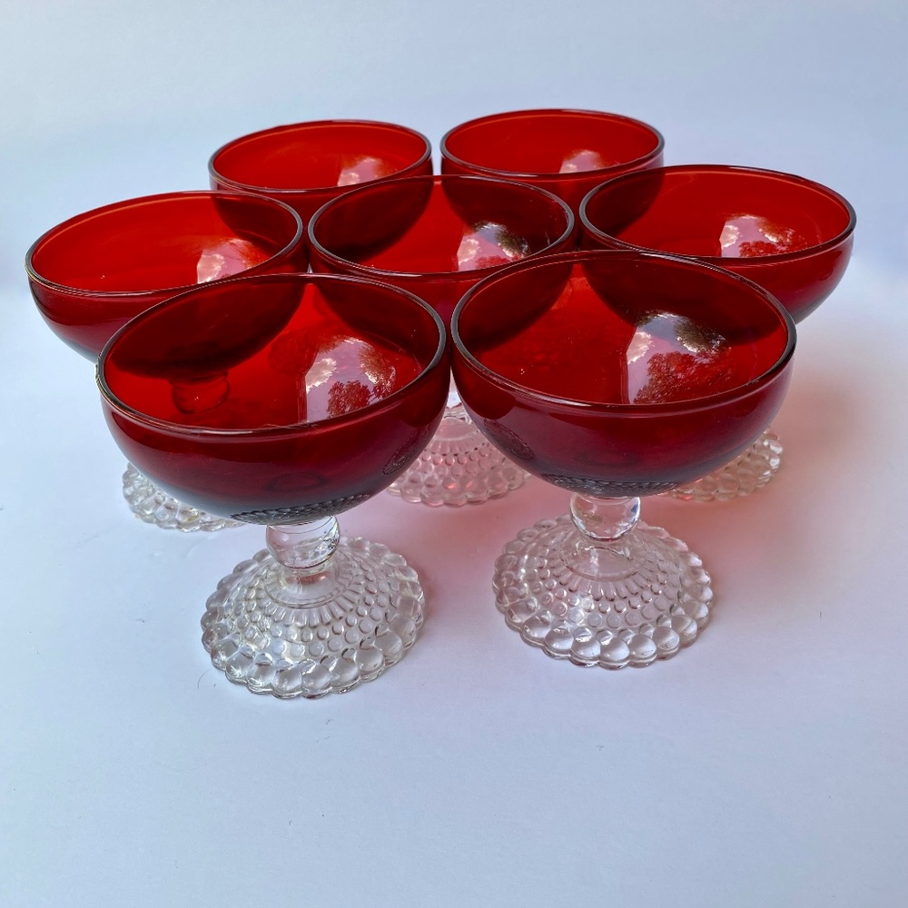 Vintage Red Boopie Bubble Foot Glasses by Anchor Hocking, Holidays, Christmas